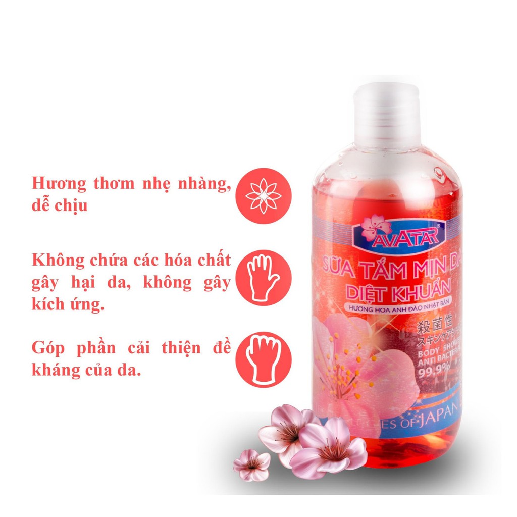 Sữa tắm mịn da diệt khuẩn 99.9% AVATAR 500ml - Hương hoa Anh Đào