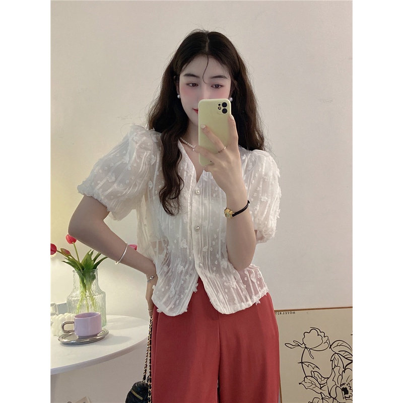 Áo Sơ Mi Tay Phồng Cổ Chữ V Thêu Họa Tiết Hoa Phong Cách Hàn Quốc Thời Trang Cho Nữ