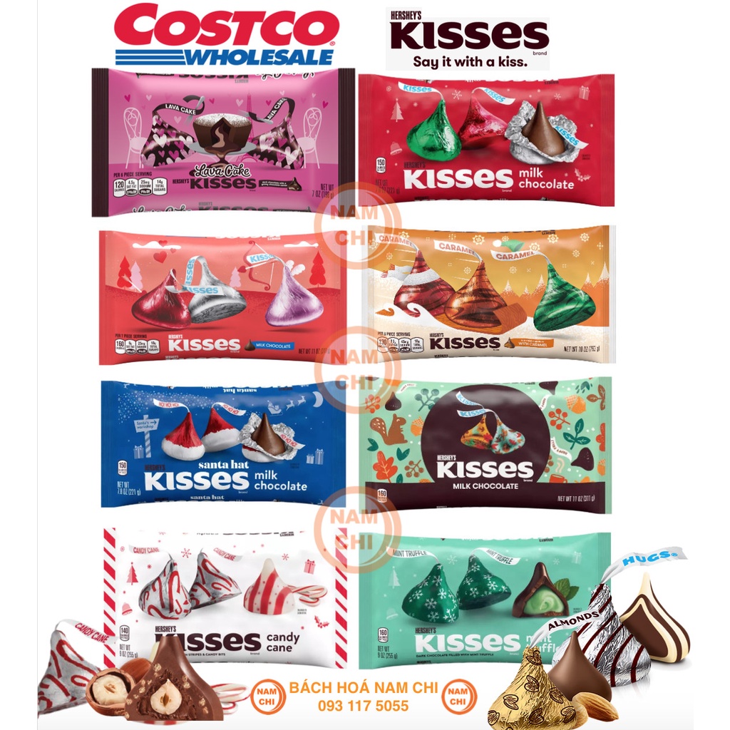 Kẹo Socola Kisses Đủ Vị Milk Chocolate Dark Chocolate Almonds Creamy Almonds Thơm Ngon Béo Ngậy Gói 315g