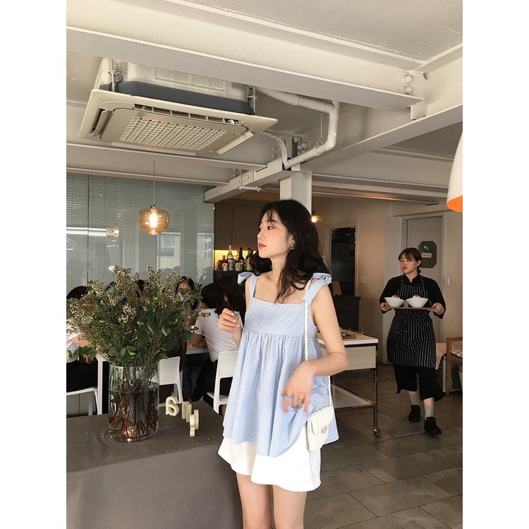 [Ảnh thật] Set áo 2 dây babydoll kẻ xanh thắt nơ vai kèm quần sooc trắng - Bộ áo 2 dây mix quần đùi trắng