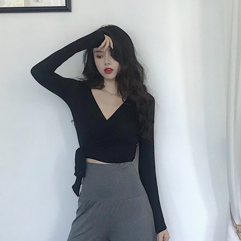 Áo croptop dài tay cổ chữ V quyến rũ thời trang dành cho phái nữ