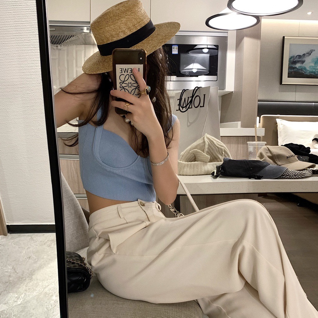 Áo croptop QKOOLE dệt kim đơn giản quyến rũ phong cách Hàn Quốc thời trang