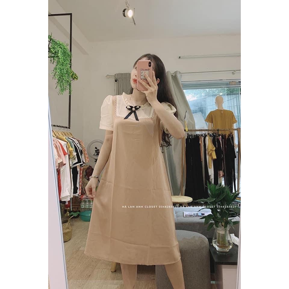 Váy Bầu Công Sở Đầm Bầu Dáng Suông Họa Tiết Kẻ Nhỏ Nơ Cổ Siêu Sang Freesize từ 40-80kg