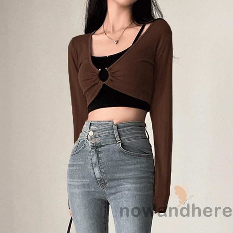 Bộ Trang Phục 2 Mảnh Gồm Áo Thun Hai Dây Màu Trơn + Áo Thun Tay Dài Cổ Chữ U Sâu Cho Nữ