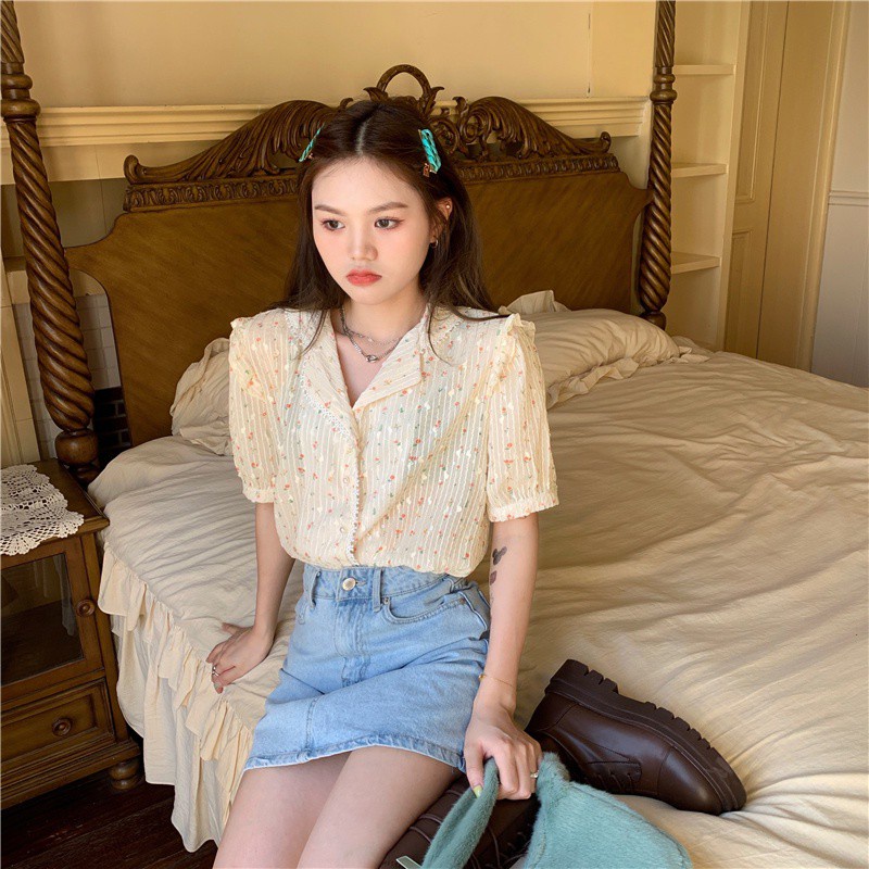 Áo sơ mi phối ren hoa ngắn tay phong cách ngọt ngào mới 43916 | BigBuy360 - bigbuy360.vn