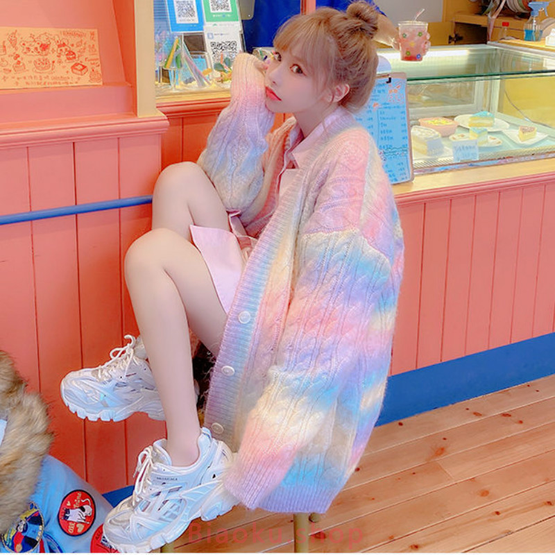 Áo Khoác Cardigan Dáng Dài Họa Tiết Cầu Vồng Phong Cách Hàn Quốc Độc Đáo Dành Cho Nữ