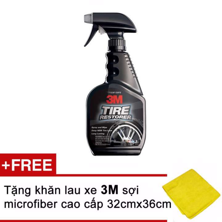 Chai xịt chăm sóc lốp phục hồi cao su - 3M Tire Restorer PN39042 473ml (Đen) + Tặng kèm khăn 3M