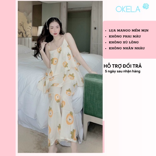 Đồ ngủ sexy nữ 2 dây quần dài pijama lụa cute mặc nhà dễ thương chất liệu mango cao cấp OKELA DT