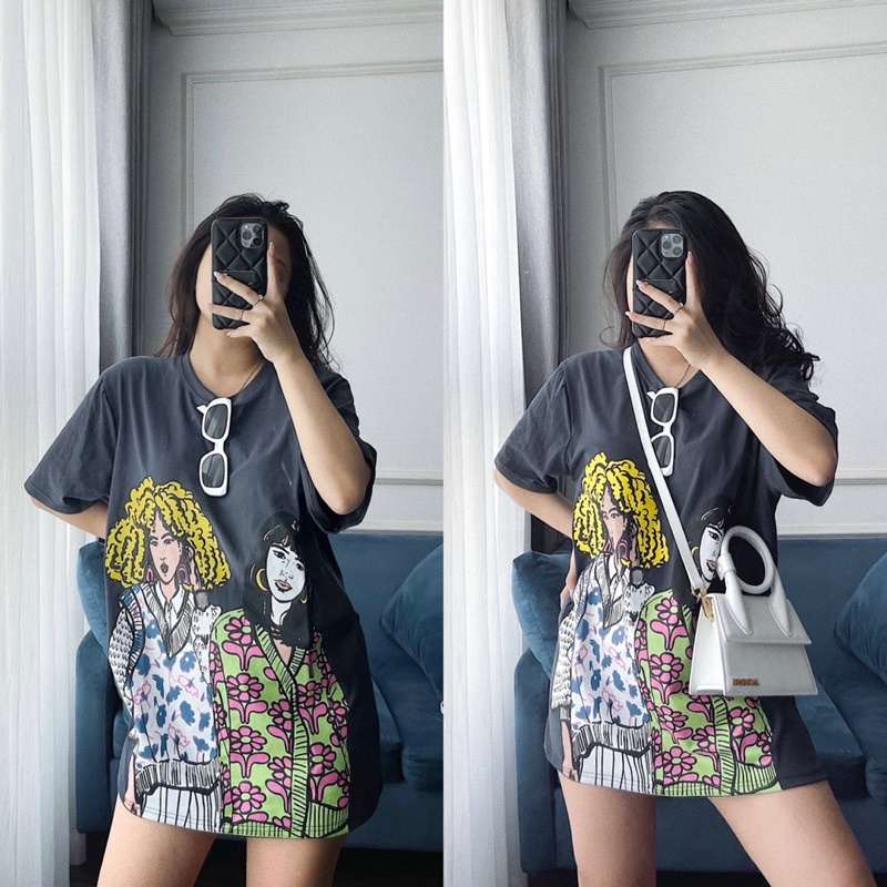 Áo Phông Za.Ra Tuồn Form Rộng, Áo Thun In Hình 2 Cô Gái Hàng QC (Hình Thật Shop Chụp)