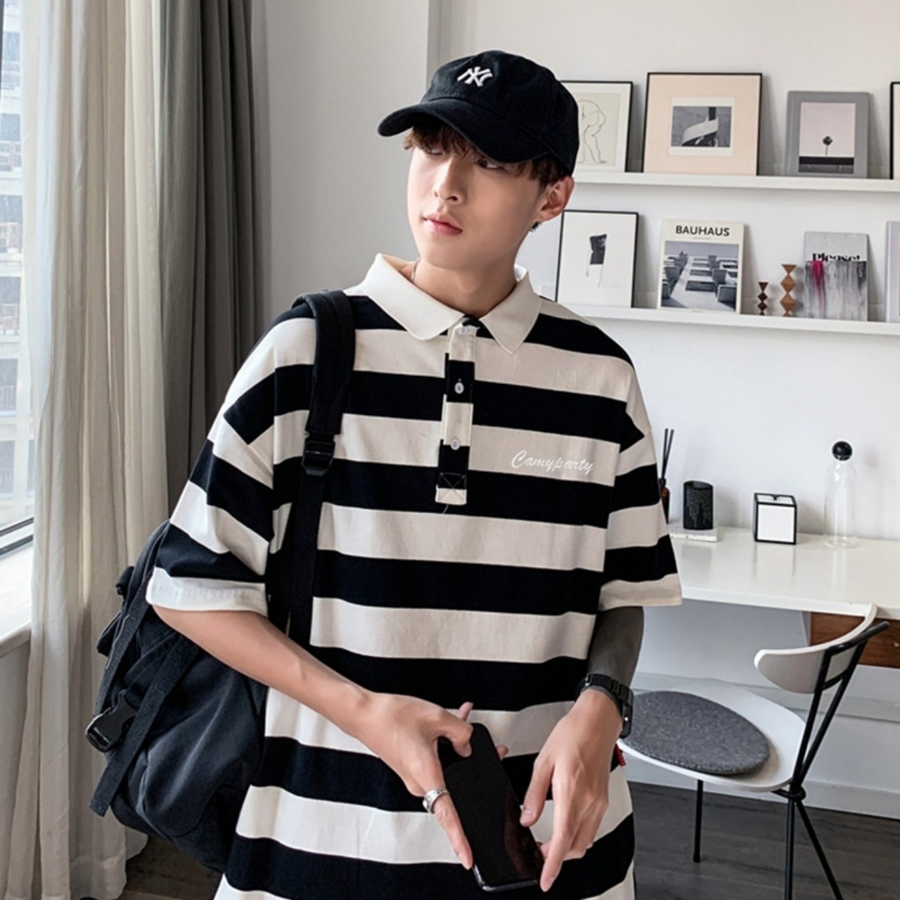 Áo polo nam nữ tay lỡ sọc ngang trắng đen, Áo thun polo unisex form rộng | BigBuy360 - bigbuy360.vn