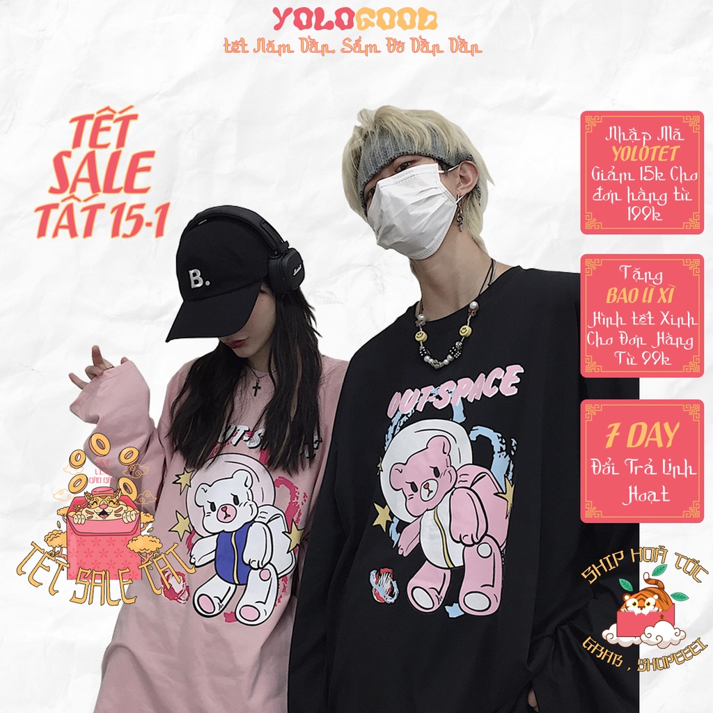 Áo thun dài tay  GẤU OUT SPACE  phông Unisex nam nữ tee oversize form rộng pull Ulzzang Streetwear thu đông vải mềm