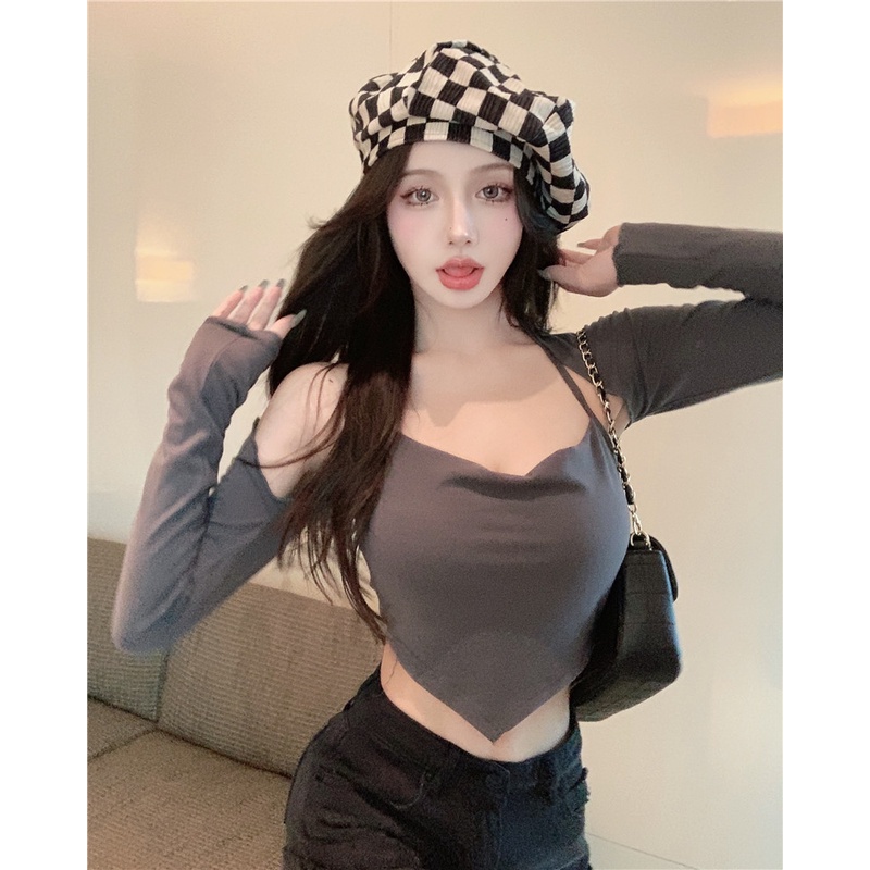 Set áo yếm mỏng và áo khoác choàng tay dài dáng ngắn phong cách Hàn Quốc thời trang dành cho nữ (Có bán lẻ)