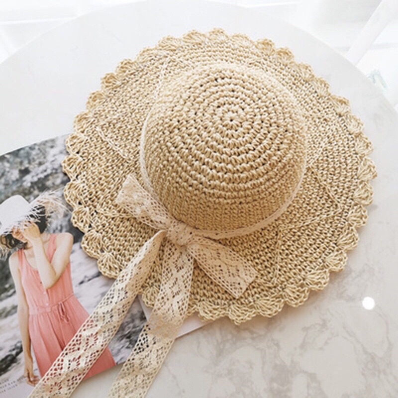 Mũ cói mềm nơ ren tiểu thư phong cách Vintage- mũ gấp gọn cuộn nhỏ bỏ túi xách vali đi du lịch