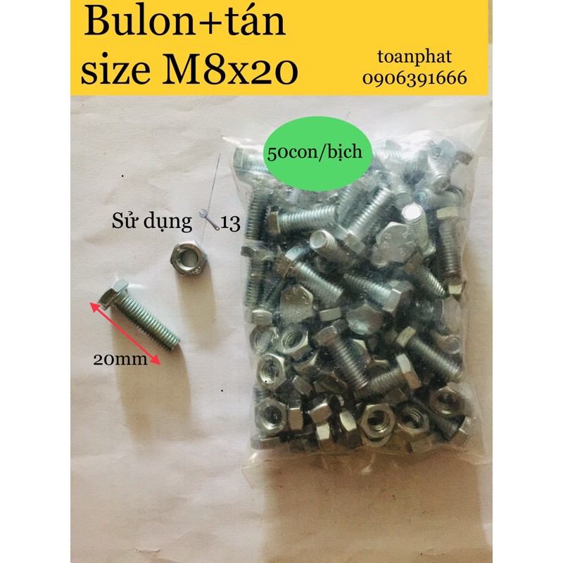 50 bộ Bulon + tán M8| size M8x20 mm