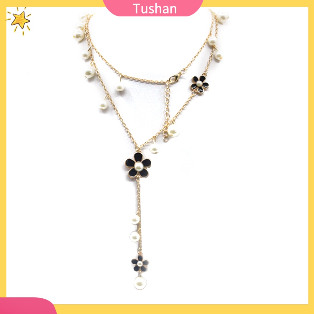 TUSH_Women's Fashion Korean Style Faux Pearl Flowers Long Necklace Chain