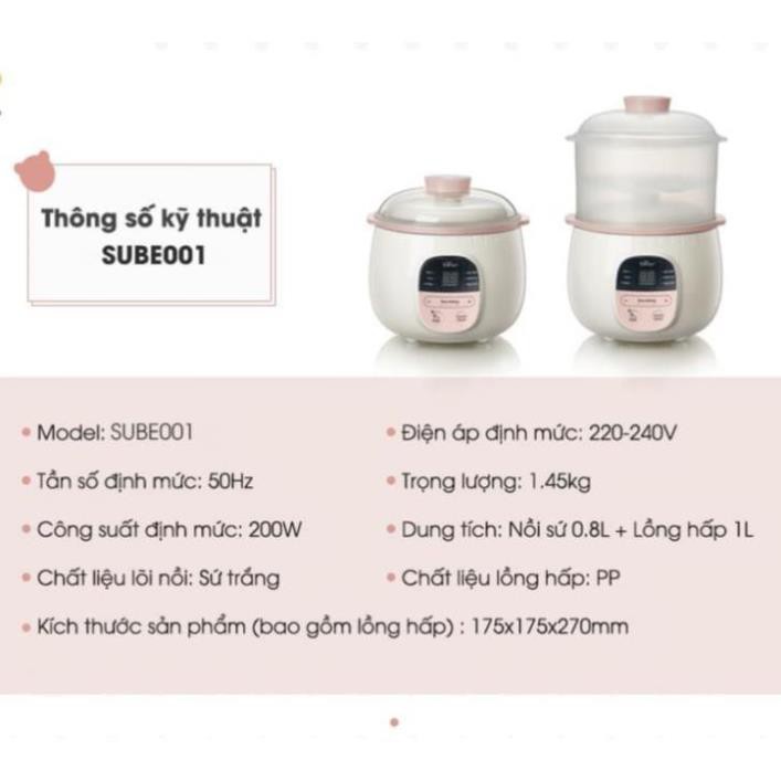 Nồi Nấu Cháo Chậm Cho Bé Bear 0.8L/1L/1.6L SUBE001/SUBE002_Nồi Hầm Ăn Dặm, Chưng Yến, Ninh Đa Năng Lồng Hấp_BH 18 Th