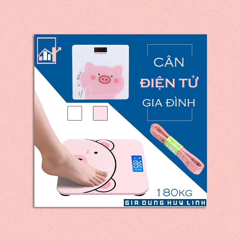 Cân sức khỏe gia đình chuẩn xác tặng kèm thước dây đo eo - Cân điện tử sức khỏe hình chú heo xinh xắn 180kg (CCH02)
