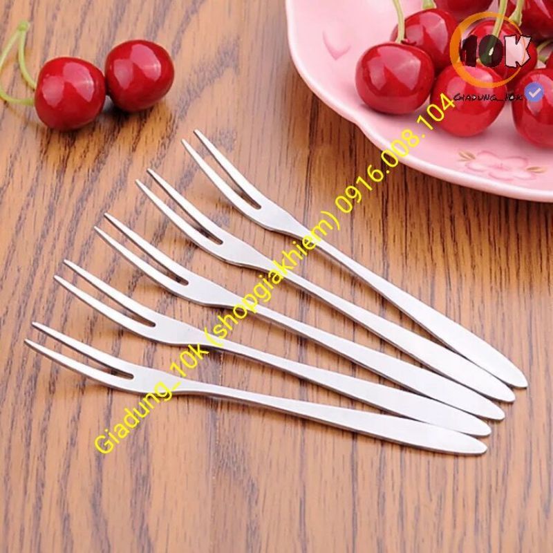 Nĩa xiên hoa quả, đồ ăn bằng inox loại 2 mũi (dài 12.8x 1cm) (cb)