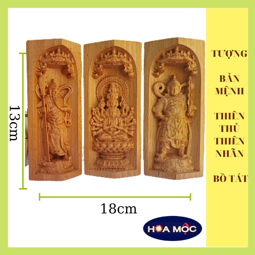 Tượng Phật Bản Thiên thủ Thiên nhãn Bồ Tát, hai vị Già Lam hộ pháp Vi Đà Tôn Thiên – Quan Vũ  13x7cm