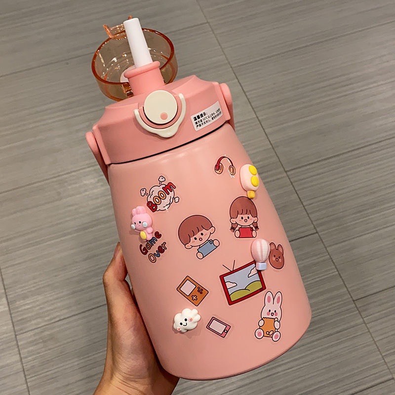 Bình nước giữ nhiệt cute có sticker và ống hút dễ thương-Bình giữ nhiệt cho bé có dây đeo inox 304 xịn