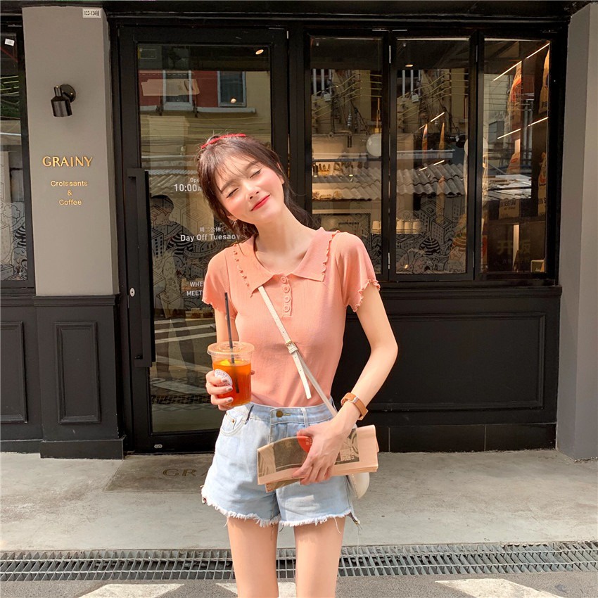 Áo thun ZHELIHANGFEI dệt kim ngắn tay phong cách học đường thời trang