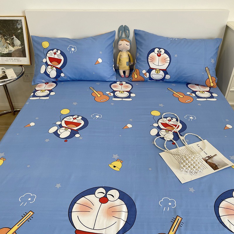 Bộ ga gối ETAMI drap giường cotton poly 5D, ga trải giường + 2 vỏ gối nằm màu doremon