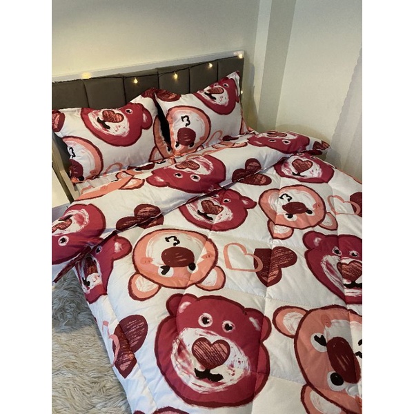 Bộ ga gối chăn phao 5 món đầu gấu đỏ poly cotton chăn trần bông dày hàng loại 1