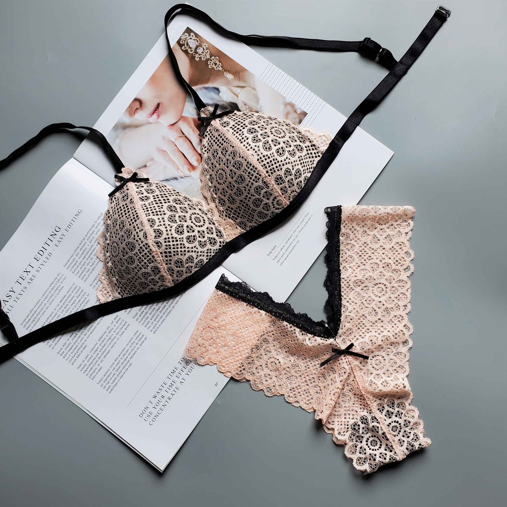 Bộ đồ lót ren sexy🔥 NS217 ren hoa cam không gọng mút vừa gợi cảm quần Y viền Nhà Sò Bra.com