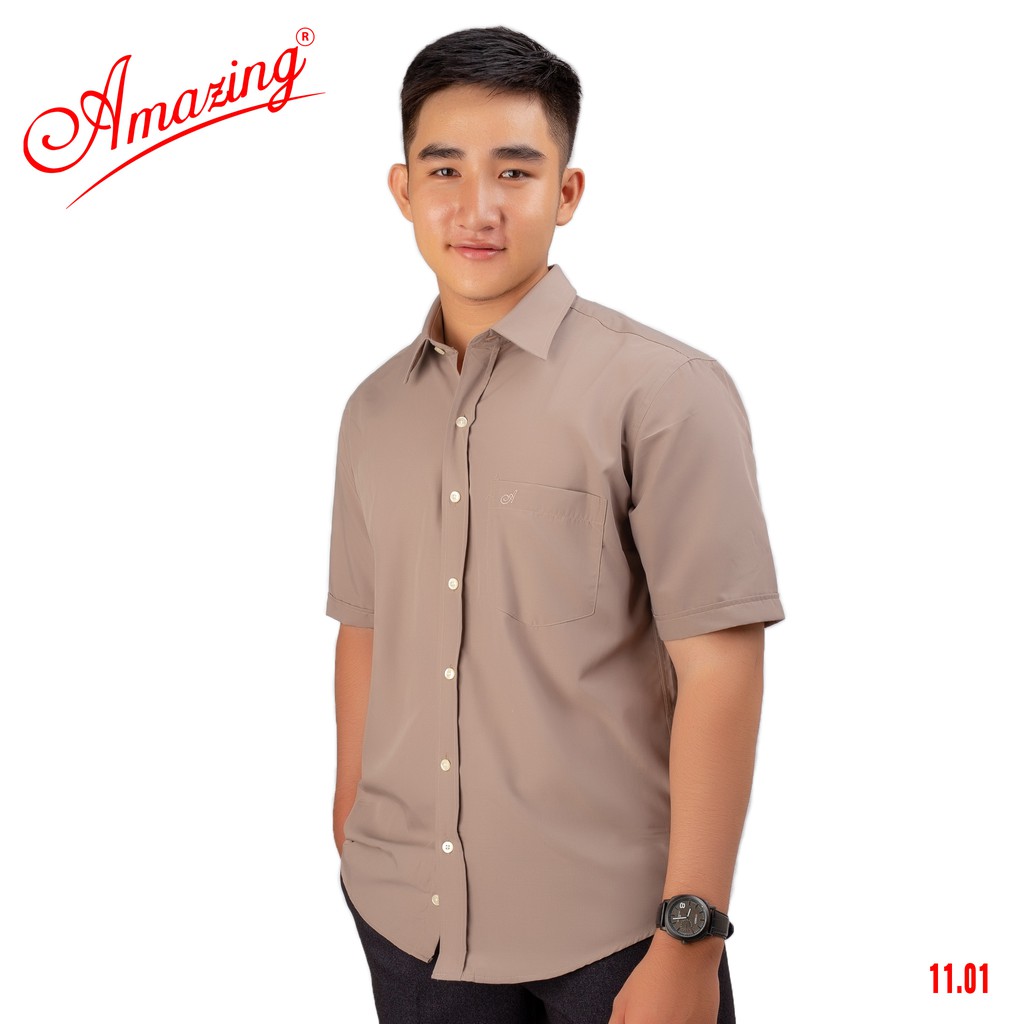 Áo sơ mi nam màu trơn ngắn tay, chất vải mềm mịn thoáng mát, tà bầu, form rộng, thương hiệu Amazing