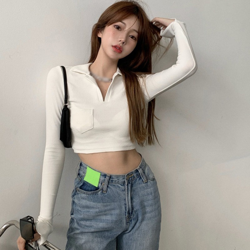 Áo Croptop Tay Dài Màu Trắng Thiết Kế Quyến Rũ