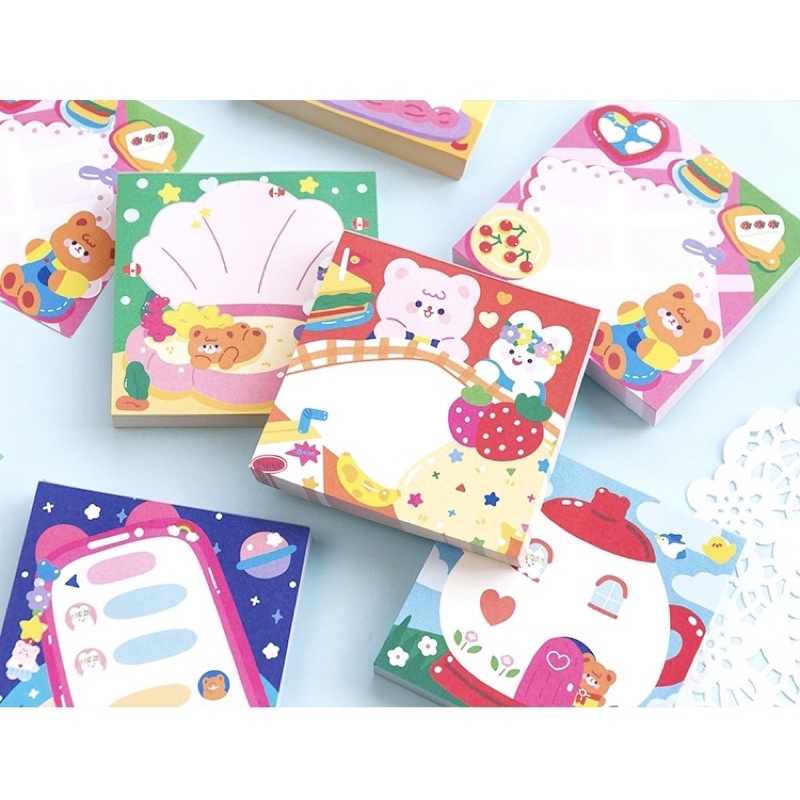 Giấy note cute  Bộ giấy note 100 tờ ghi chú hình gấu dễ thương tiện lợi trang trí hãng Jiyu