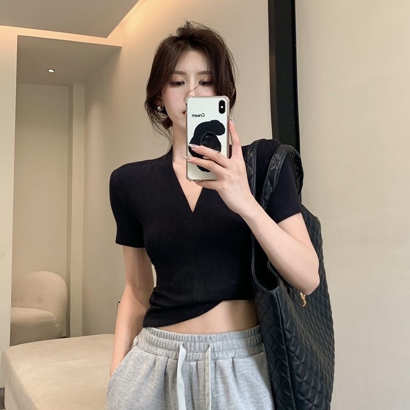 Áo Thun Tay Ngắn Cổ Chữ v Dáng Ôm Co Giãn Phong Cách Retro Thời Trang Cho Nữ