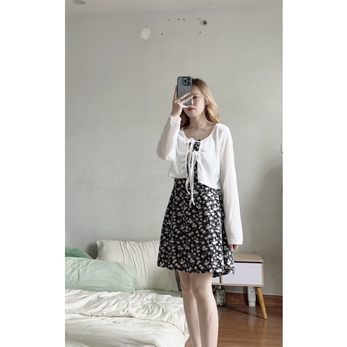 Set đầm hoa Flower kèm áo nơ trắng Ulzzang
