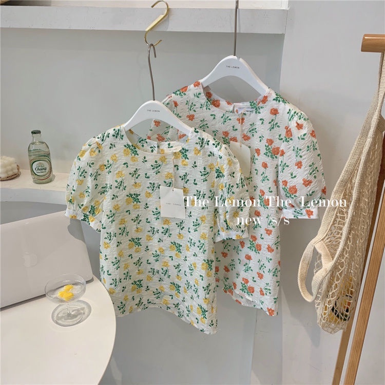 Áo Kiểu Tay Ngắn Phồng Cổ Tròn Họa Tiết Hoa Nhí Xinh Xắn Thời Trang Kiểu Pháp