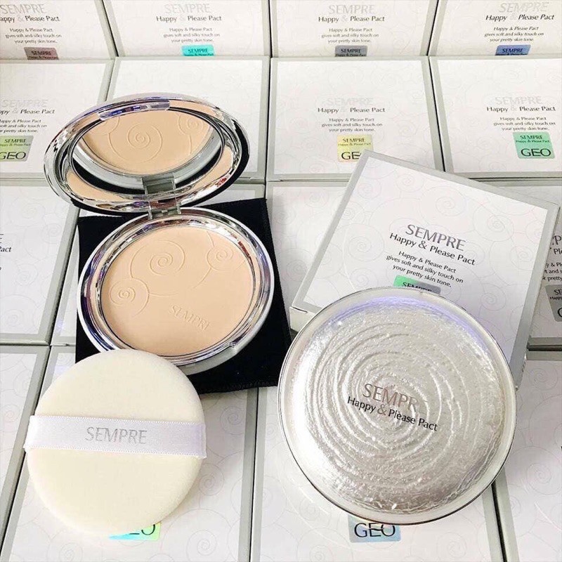 Phấn phủ Sempre Happy & Please Pact Geo nâng tone kiềm dầu che khuyết điểm chống nước chống nắng SPF 20 chống bết dính