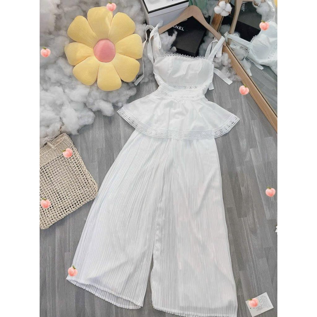 SET ÁO PEPLUM REN NƠ VAI + QUẦN DẬP LY TRẮNG SUÔNG