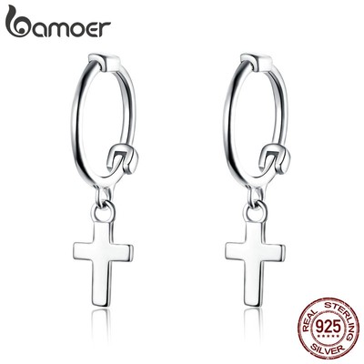 Khuyên tai BAMOER SCE547 hình thánh giá bằng bạc 925 thời trang cho nữ