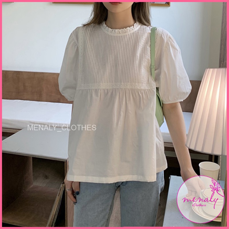 Áo babydoll cộc tay nữ dáng hàn quốc AH027, mẫu áo sơ mi kiểu cổ tròn cộc tay xếp ly ngực dáng rộng bầu bí bon chen