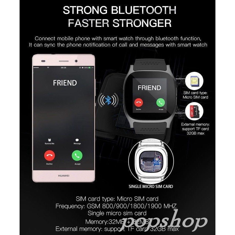 Đồng Hồ Thông Minh T8 Kết Nối Bluetooth Hỗ Trợ Thẻ Sim Và Thẻ Nhớ Tf Cho Android