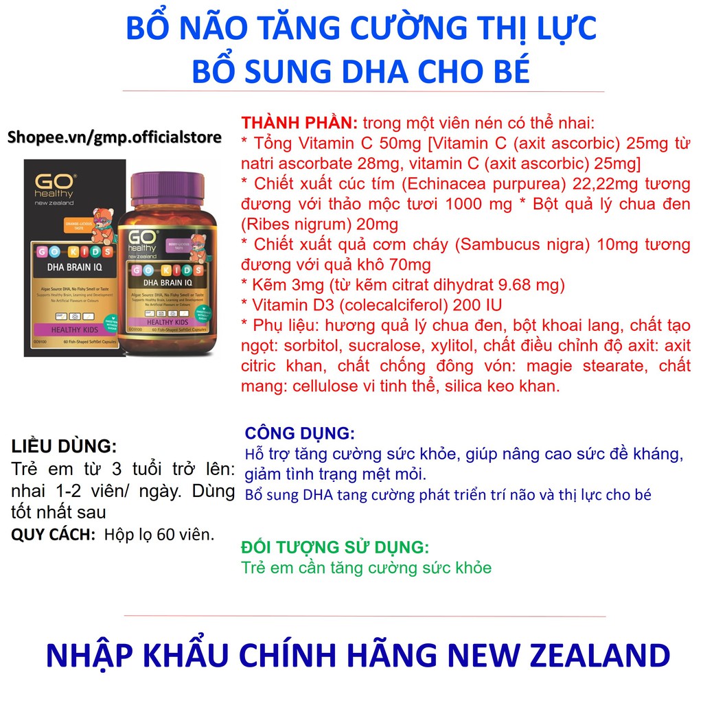 Bổ não Go Healthy DHA BRAIN IQ Tăng cường trí lực thị lực và hệ miễn dịch cho bé nhập khẩu New Zealand hộp 60 viên