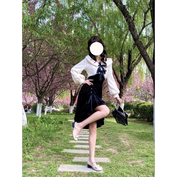 YAS0305-Set áo váy nhung đuôi cá phong cách retro