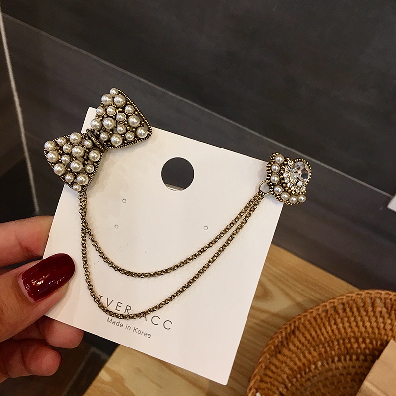 Ghim cài áo hình nơ phối dây xích phong cách vintage thời trang cho nữ