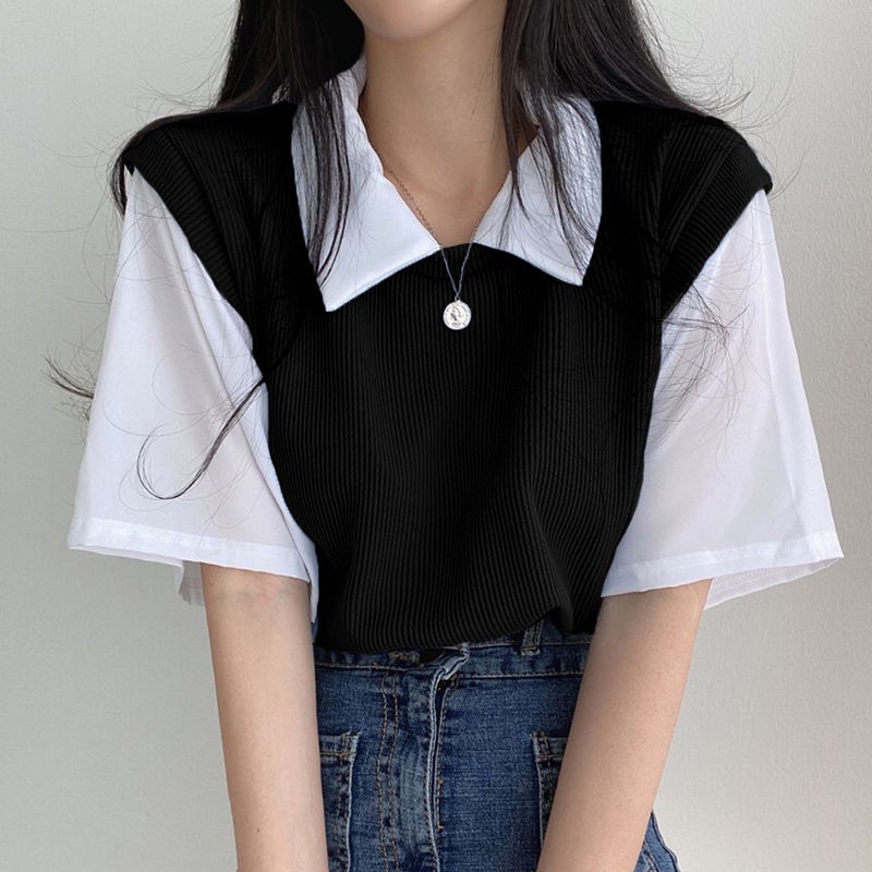 Plus Áo Thun POLO Ngắn Tay Giả Hai Lớp Phối Màu Phong Cách Hàn Quốc Thời Trang Cho Nữ