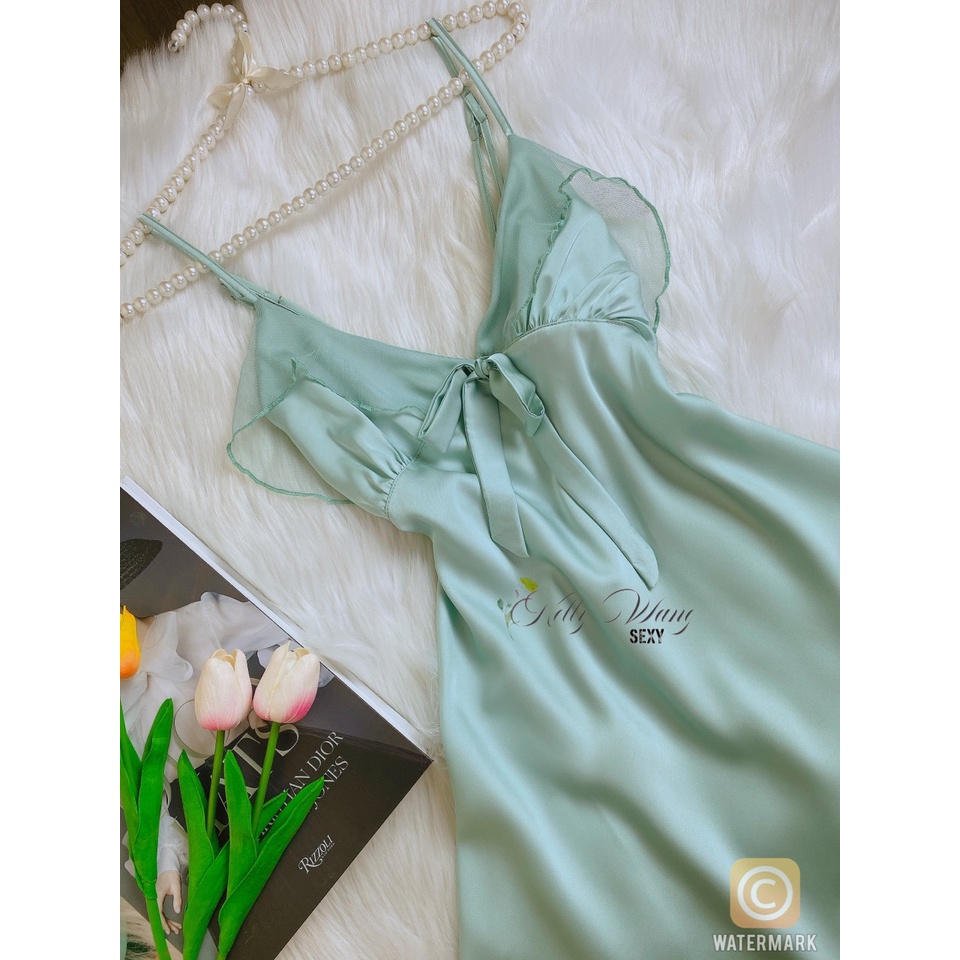 SX848 – Váy ngủ 2 dây có mút ngực vải lụa cao cấp phối voan thiết kế dây chéo hở lưng sexy quyến rũ