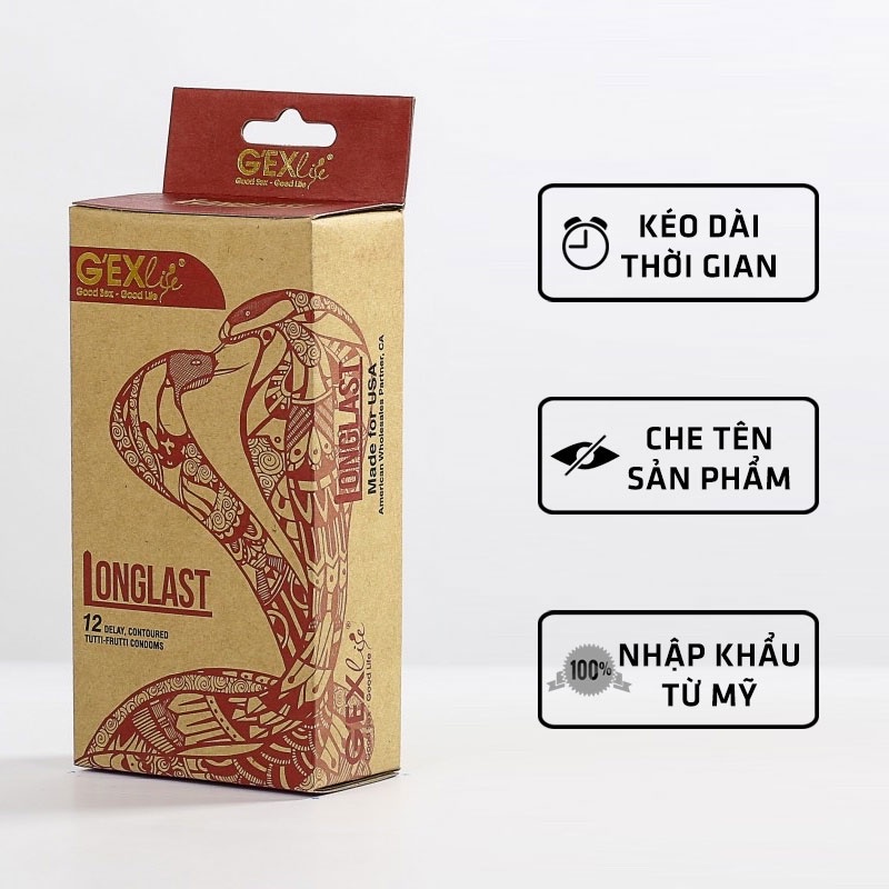 Bao cao su GEXlife Longlast, bcs siêu mỏng chống xuất tinh sớm kéo dài thời gian quan hệ
