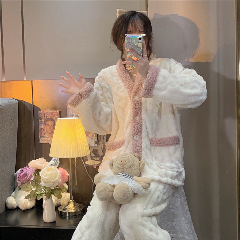 Bộ đồ ngủ bằng vải flannel dày thời trang mùa đông ngọt ngào dành cho nữ