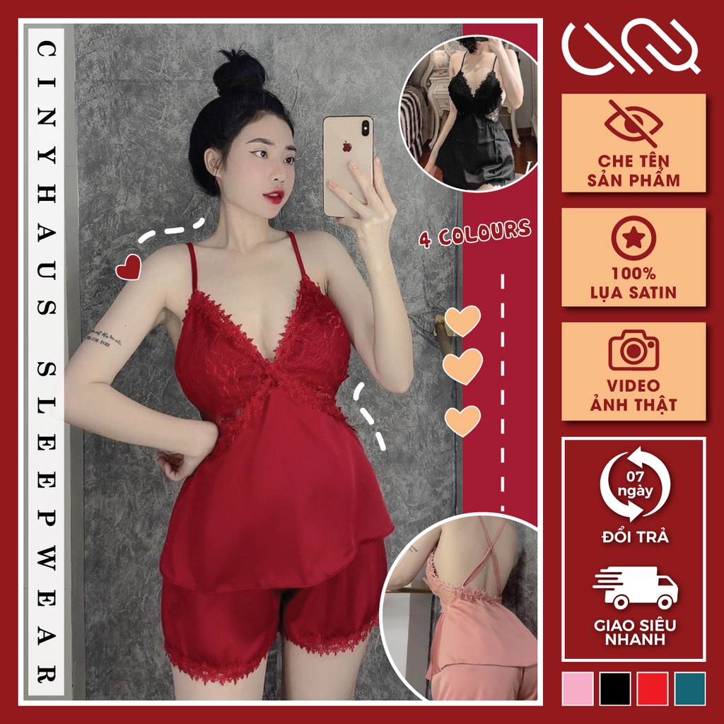 Đồ Ngủ Sexy 2 Dây Chéo Lưng Phối Ren Gợi Cảm Lụa Satin Cao Cấp Mềm Mịn Mặc Nhà Thoáng Mát Freesize - CN010 CINY | BigBuy360 - bigbuy360.vn