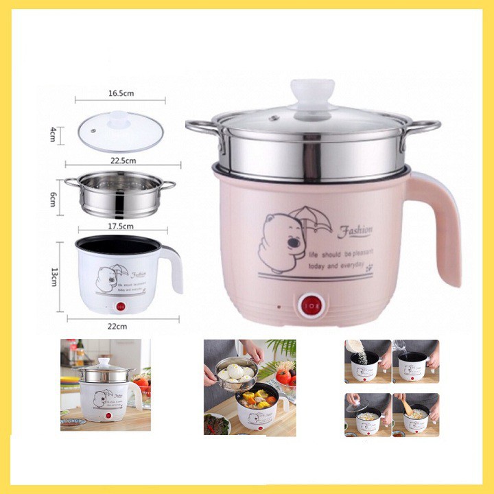 [ Tặng Khăn ] Ca Nấu Mì, Nấu Cơm Mini Đa Năng Cooking Pot Có Tay Cầm Kèm Giá Hấp Inox