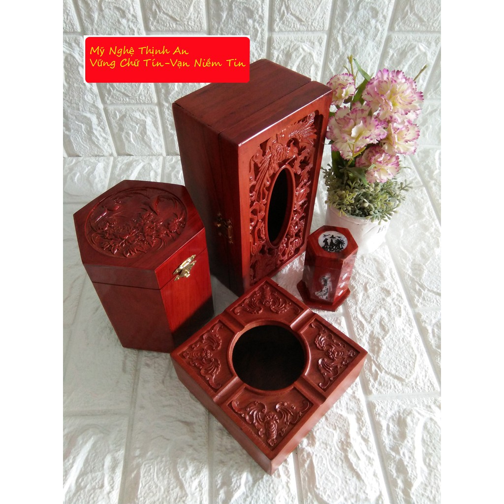 Bộ 4 món tiện ích bằng gỗ hương trạm khắc hộp Trà lớn,giấy chữ nhật,gạt tàn,hộp tăm - 4GTL03