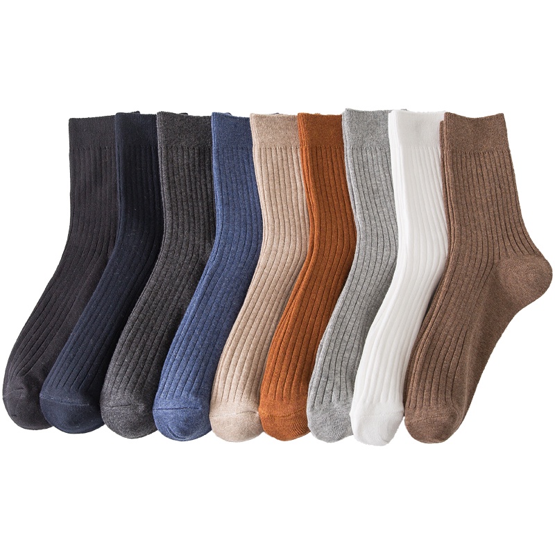 Men Twin-needle Cotton Socks Male Plain Casual Socks Ready Stock Business Semi-High Socks
